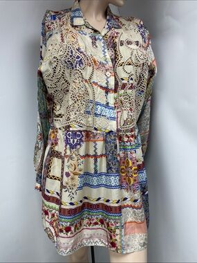 Johnny Was Cream Multicolor Lace-Overlay Patchwork Blouse, Size L